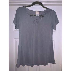 Grey criss cross top, oversized shirt.